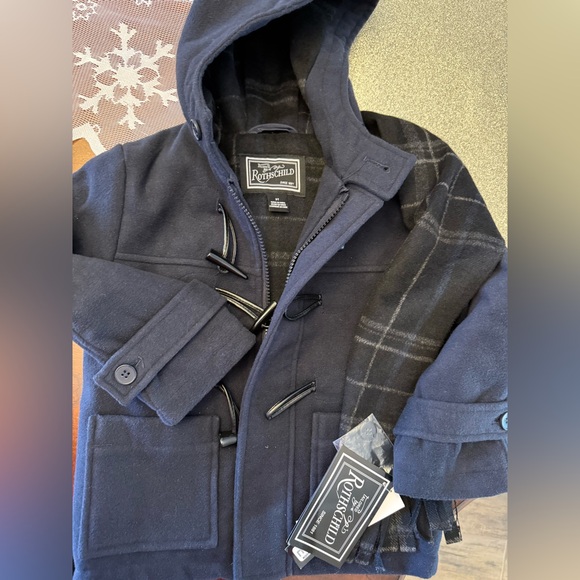 Rothschild childrens Dark Blue Pea Coat with Plaid Detail